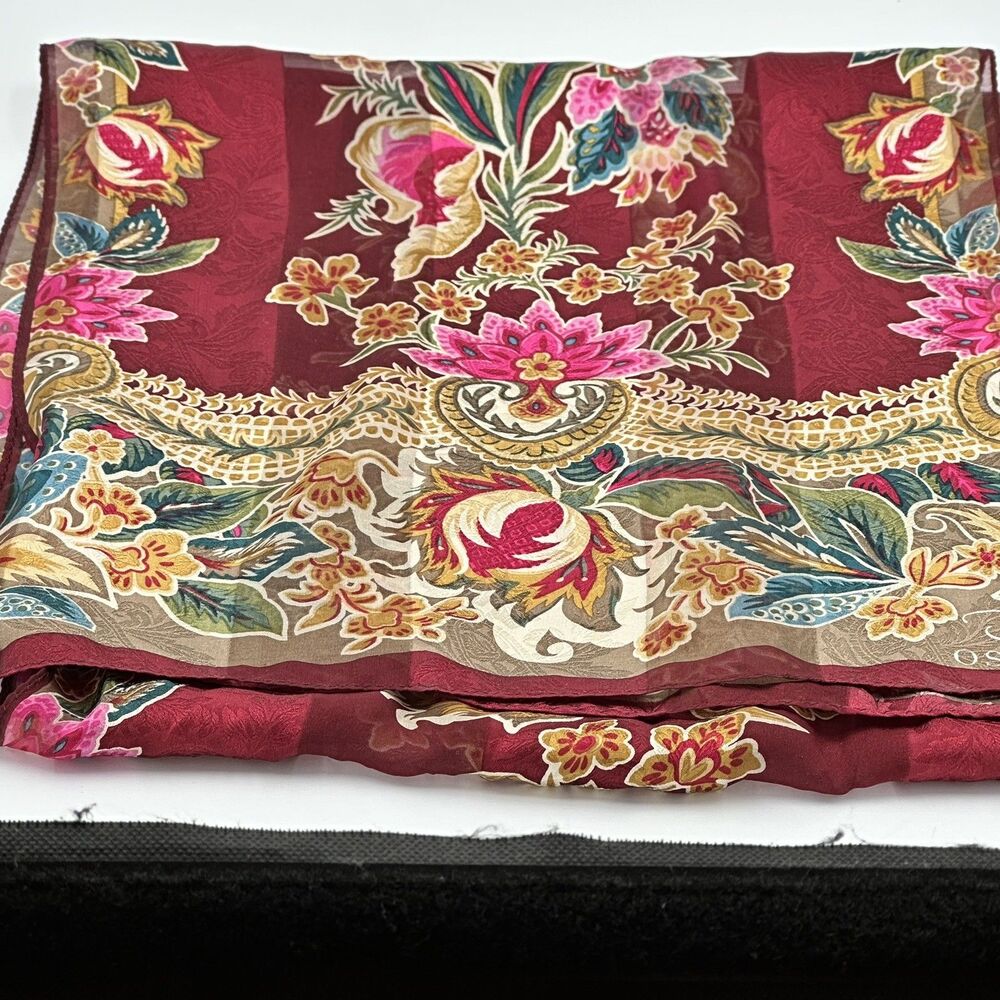 Oscar De La Renta Vintage Silk Floral Scarf 11”X 52” Burgundy, Gold, Bright Pink - Picture 8 of 11